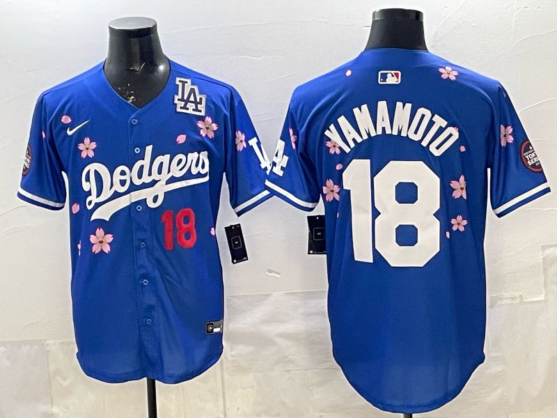 Men 2025 Los Angeles Dodgers #18 Yamamoto Blue Sakura Edition Nike MLB Jersey style 005->los angeles dodgers->MLB Jersey